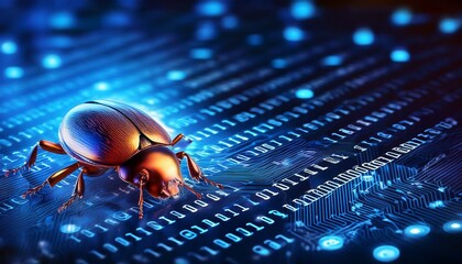 closeup of a bug on binary code representing coding errors and software testing glowing digital numbers ultrarealistic futuristic tech scene