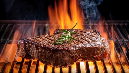 grilled steak sizzling on flames for barbecue night