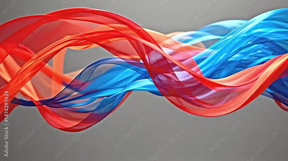 Poster dynamic vibrant visual composition of intertwined flowing ribbons shades of red blue. these ribbons 