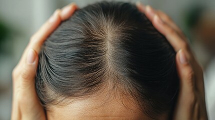 Fototapeta premium An individual with a receding hairline is holding back their thinning hair, showcasing early signs of male pattern baldness in a close-up view.