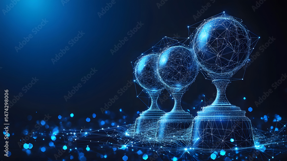 Poster futuristic trophies glow against a dark blue backdrop, symbolizing digital achievement and interconn