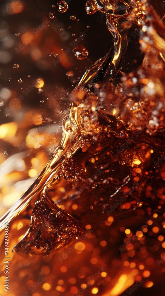 Poster close-up of cola liquid swirling with bubbles and bokeh background, studio shot of refreshing bevera