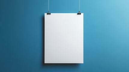 A blank poster is suspended from paper clips, set against a clean blue backdrop, embodying a minimalistic aesthetic, perfect for showcasing design concepts or artwork.