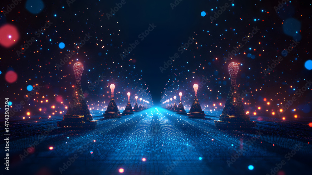 Poster futuristic chess pawns, glowing and intricately designed, lead into a digital landscape. abstract wi