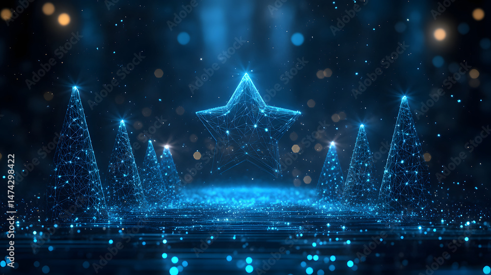 Poster Digital Christmas scene featuring glowing blue wireframe trees and a star against a bokeh background. Reflective surface enhances the luminosity. Abstract wireframe in dark blue.