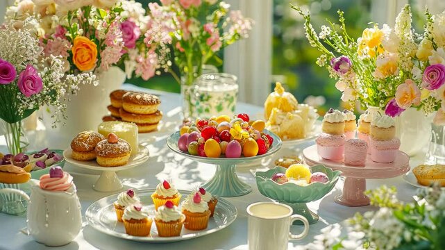 A sunny Easter brunch table with fresh flowers, pastel-colored plates, and delicious desserts