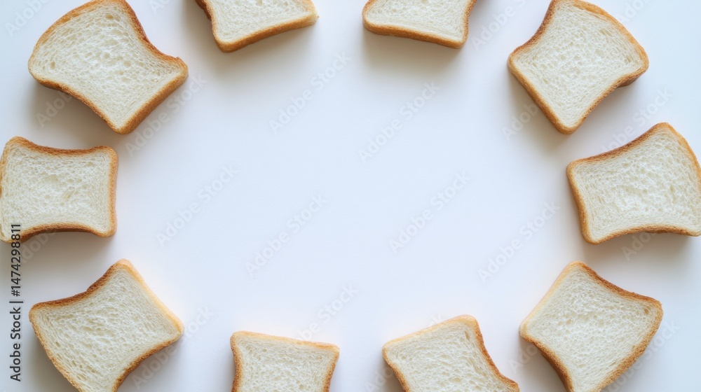 Poster slices of bread arranged in a circle on white background top-down view for food concept and bakery p