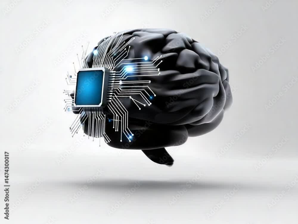 Aufkleber brain-computer interface: a futuristic depiction of a human brain augmented with a microchip, symbol