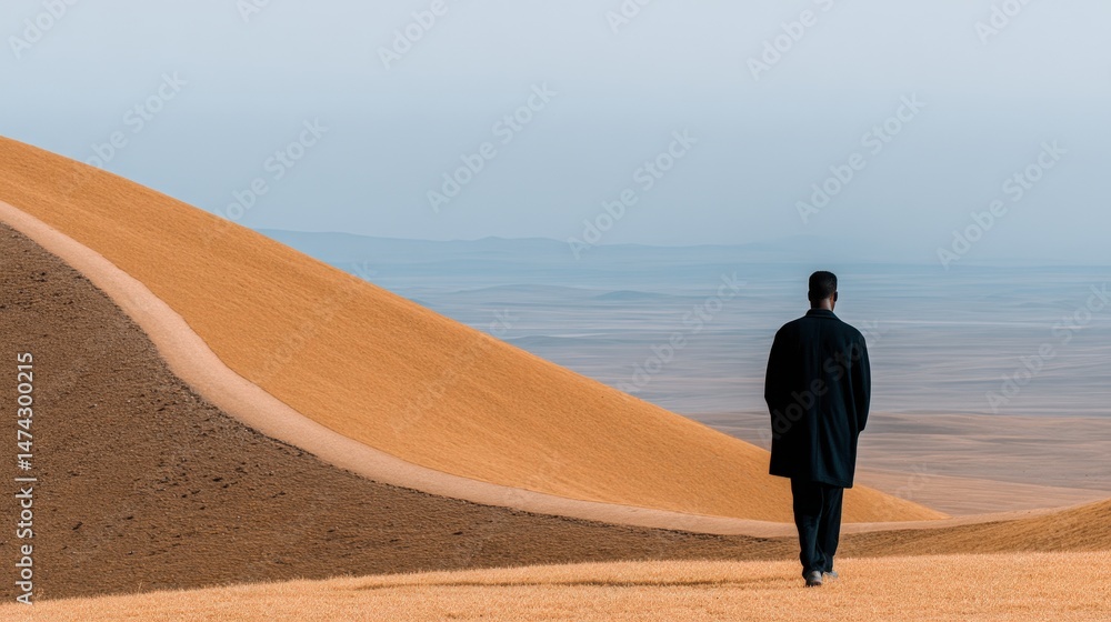 Poster a solitary figure exploring vast golden hills representing introspection and self-discovery in an ex