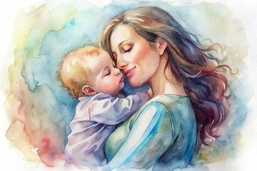 A loving mother happily hugs her sleeping baby. Watercolor illustration