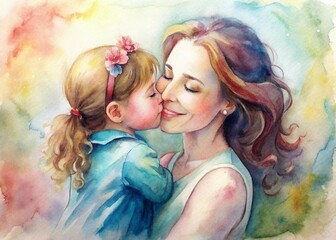 A loving mother happily hugs her sleeping baby. Watercolor painting