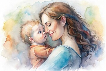 A loving mother happily hugs her sleeping baby. Watercolor illustration