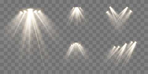 Set of Gold Spotlights with Transparent Background – Shining Light Beams, Radiant Glow and Floodlight Effects, Perfect for Stage Lighting, Event Illumination and Dramatic Visual Design