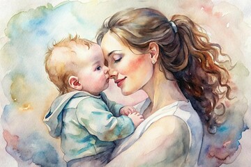 A loving mother happily hugs her sleeping baby. Watercolor illustration