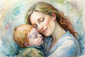 A loving mother happily hugs her sleeping baby. Watercolor painting