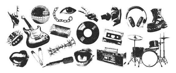 Trendy monochrome stipple music retro elements set. vinyl record, studded bracelet, boots, drums, tape recorder, mouth, eyes, disco ball, guitar. Retro photocopy vector compositions.