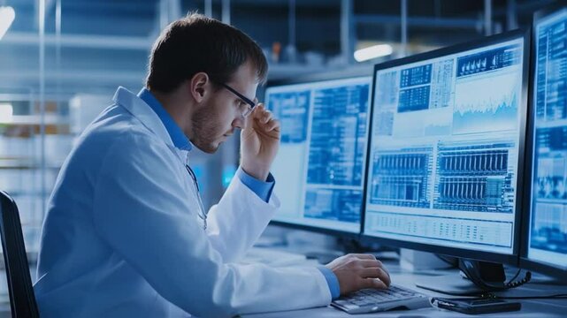 Scientist analyzing data and medical research on multiple computer screens