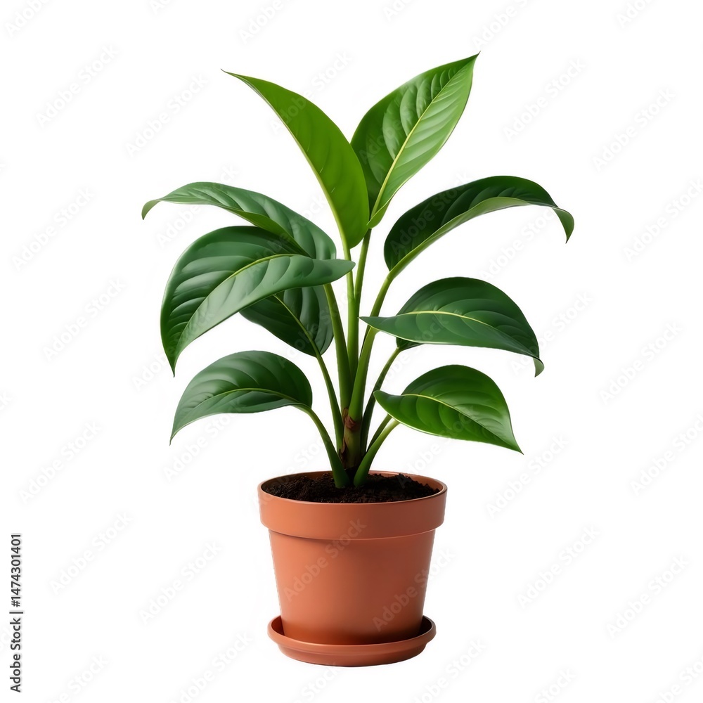 Aufkleber 茶色の鉢に入った緑の観葉植物のクローズアップスタジオショット 室内装飾用のシンプルな背景の装飾的な植物 葉のディテールのクリーンなプレゼンテーション