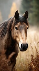 Obraz premium Majestic brown horse in a serene autumn meadow surrounded by golden grasses and soft foliage