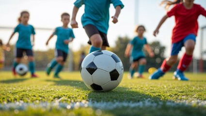 Fototapeta premium A group of young soccer players in action on a green grass field, kicking the ball during a game