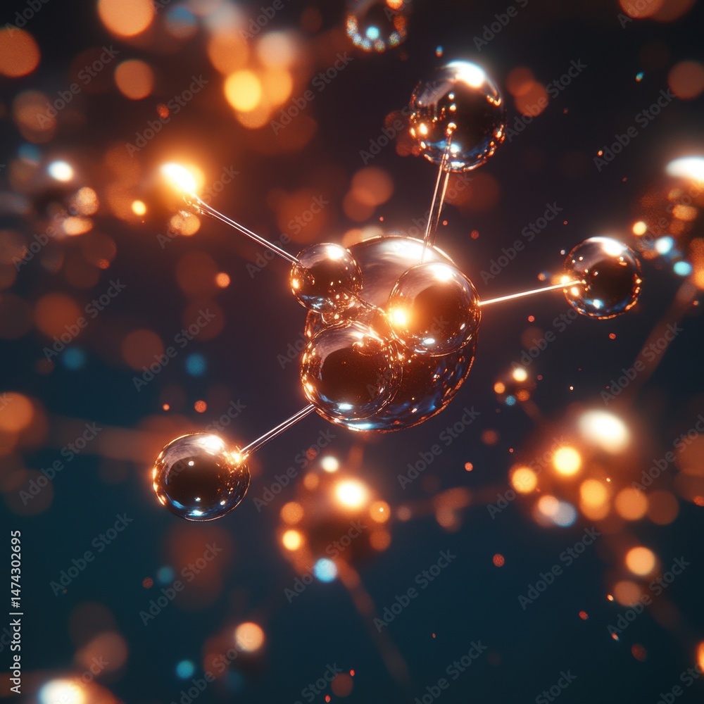 Poster abstract molecule structure with glowing spheres and connections against a dark backdrop in a macro 
