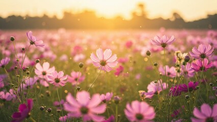 Fototapeta premium Field of pink cosmos flowers at sunset.