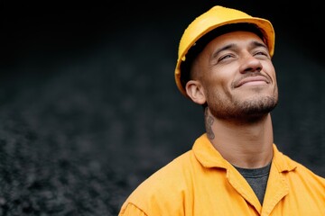 Confident construction worker wearing yellow hard hat and orange shirt gazing upward with a smile in a visually striking industrial background of gravel reflecting ambition and pride