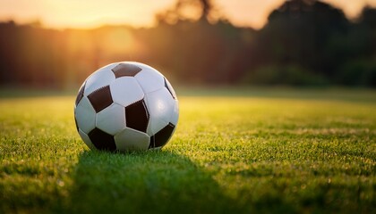 close up of a soccer ball resting on a green field with open space surrounding it for text overlay
