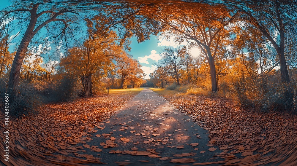 Poster scenic autumnal path encapsulated in a spherical panoramic projection