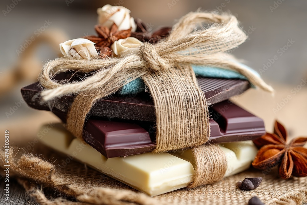 Poster assorted chocolate stack decorated with twine and flowers on rustic wooden background