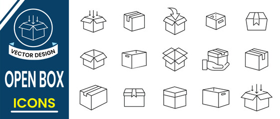 Open Box icon set. Open package vector line icon, product cardboard, carton paper parcel sign. Collection of line cardboard empty box symbol, mockups. Vector illustration.