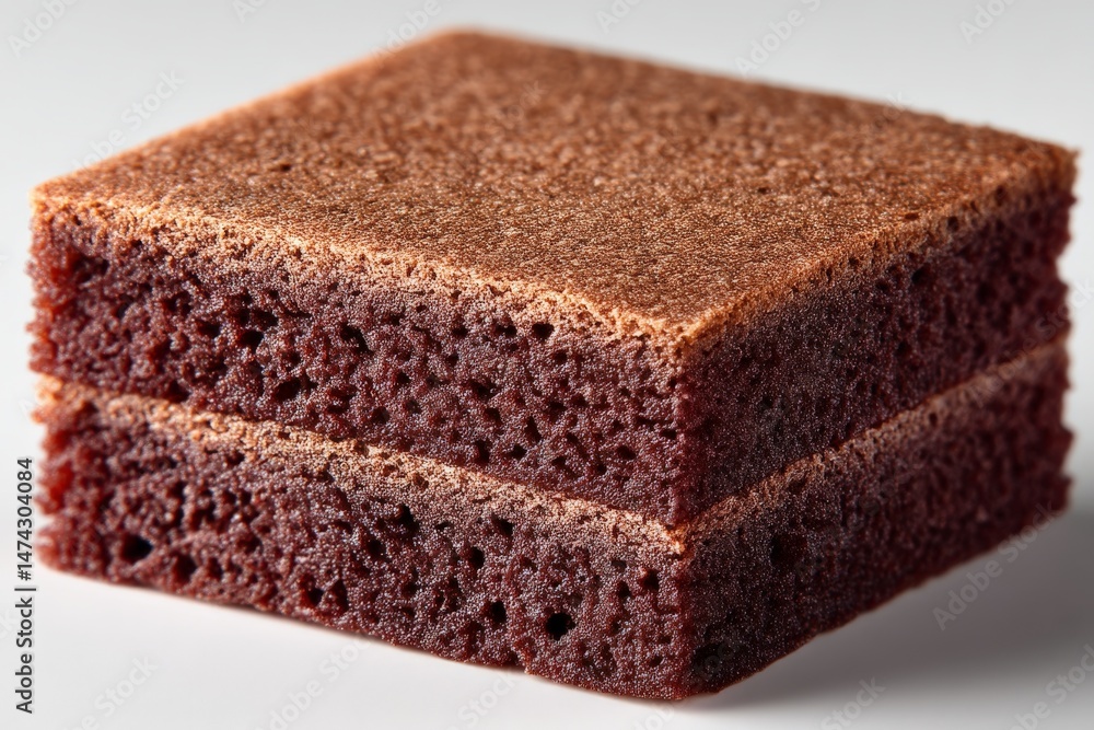 Poster Moist chocolate cake slice displayed on a plain background showcasing its texture and layers during afternoon light