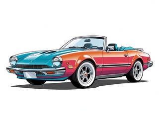 Naklejka premium Stylish Cartoon Convertible Car Vector Illustration - Vibrant Colors, Clean Lines, White Background.