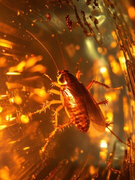 Cockroach trapped in amber close up macro shot with golden light and reflections in a glass container entomology study