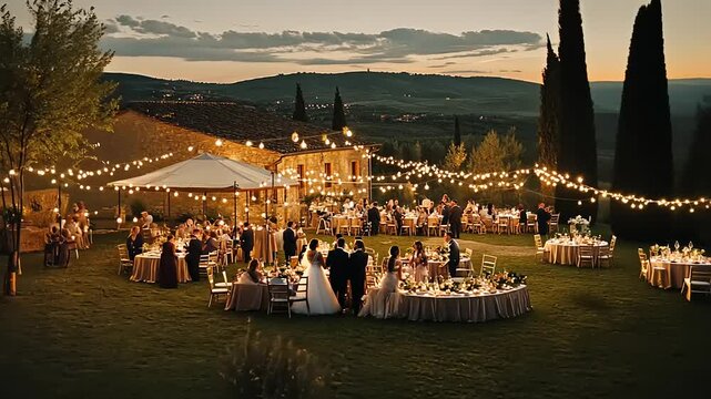 Elegant outdoor wedding reception at sunset in Tuscany, featuring guests dining and celebrating