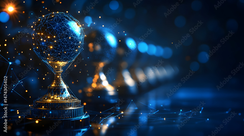 Poster Futuristic trophy design featuring a wireframe globe and glowing connections against a dark backdrop. Represents achievement and global connectivity. Abstract wireframe in dark blue.