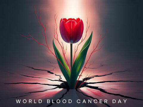 Artistic illustration of a red tulip blooming on world blood cancer day awareness concept