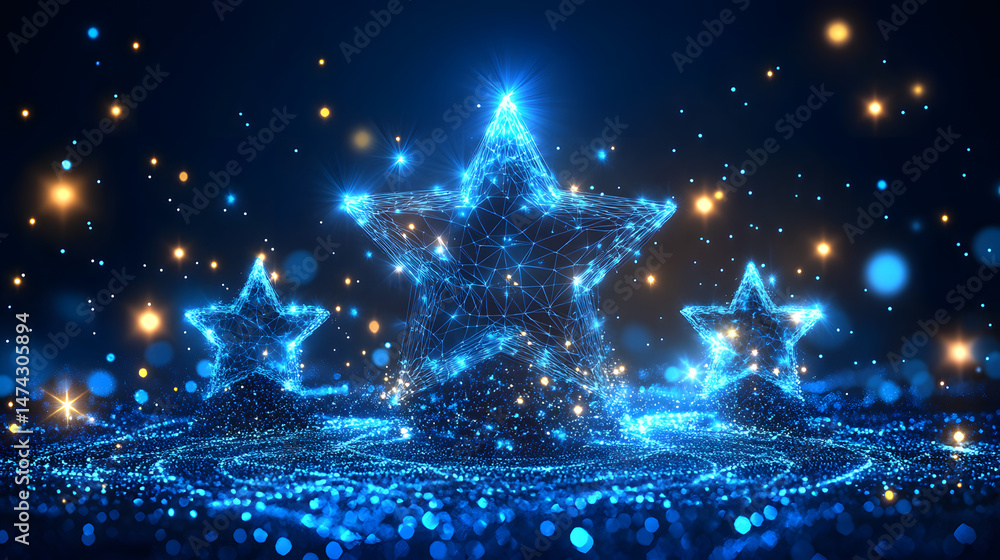 Aufkleber glowing blue stars illuminate a magical scene, perfect for festive designs. sparkling bokeh and shim