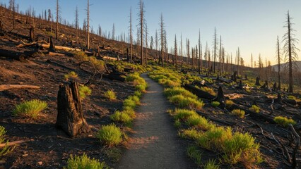Trail through burned forest area.