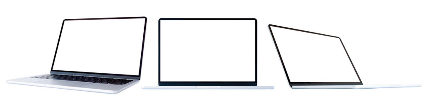 Modern thin laptop computer in different angles, screen mockups, isolated transparent background