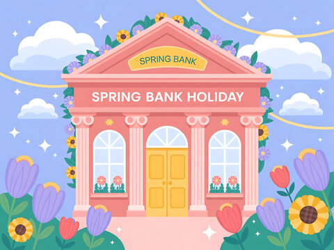 Festive illustration of a bank building decorated with spring flowers and clouds celebrating spring bank holiday - Powered by Adobe