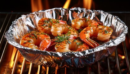 bbq spiced shrimp in aluminum foil on grill