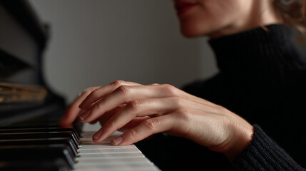 Woman playing piano. Focus on hands.