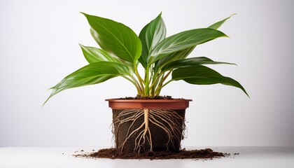 the image features a potted plant with a healthy green leafy stem with roots against a white background