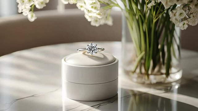 A minimalist ring box with a diamond ring displayed on a smooth marble table. background
