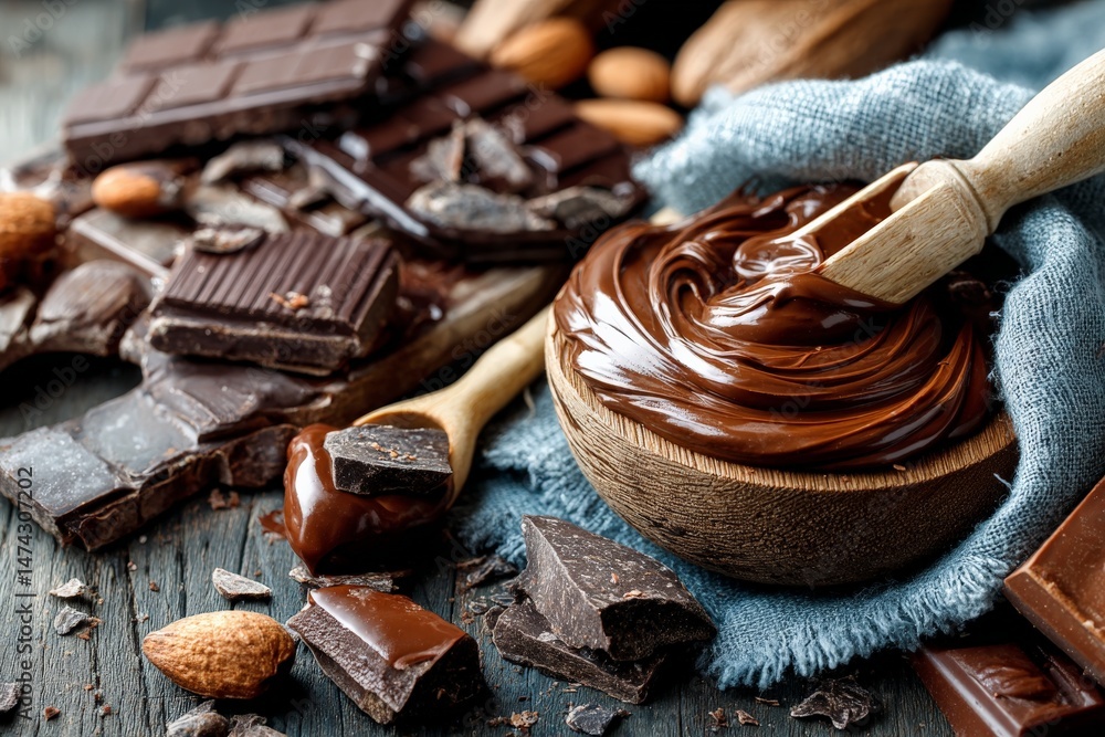 Poster decadent chocolate spread and assorted chocolate bars with nuts on rustic wooden table