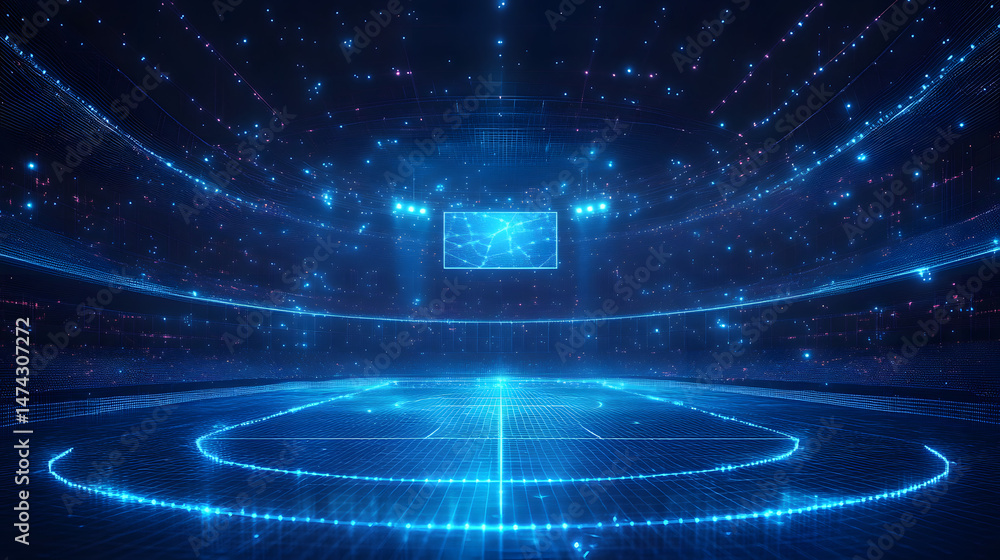 Poster futuristic stadium rendering, bathed in blue light. high-tech stands and a central screen create a d