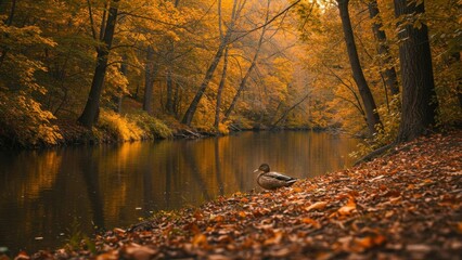 Obraz premium Autumn landscape scene with a duck on the riverbank