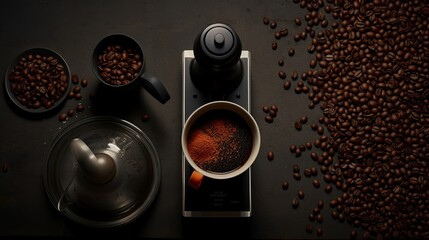 A flat lay of coffee beans scattered around a digital coffee scale, a precision pour-over kettle, a V60 dripper with filters, and a ceramic mug, set against a dark background.