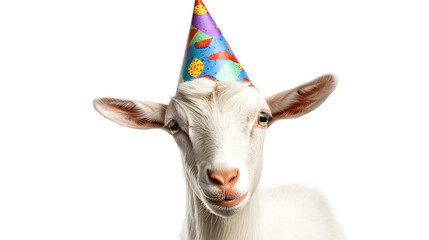Colorful Party Hat-Wearing Goat on White Background for Stock Photos